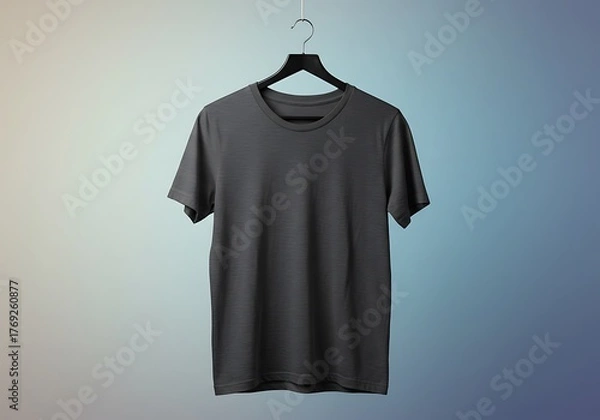 Obraz Sleek dark grey t-shirt on a black hanger centered against a gradient background fading from blue to pale yellow