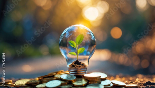 Fototapeta Eco innovation and renewable growth symbol with seedling inside bulb on coins.