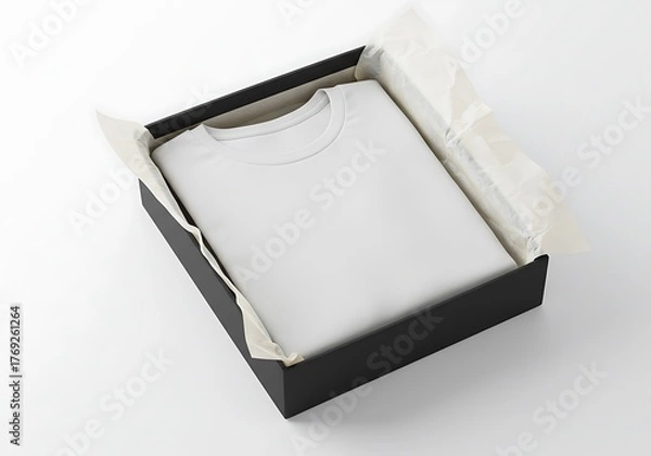 Obraz Pristine white t-shirt carefully folded within an open black gift box with crumpled tissue paper on a white surface.