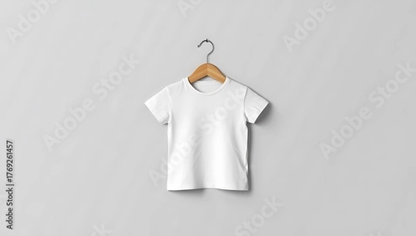 Obraz Single white blank children's t-shirt hanging on a wooden hanger against a clean light gray background
