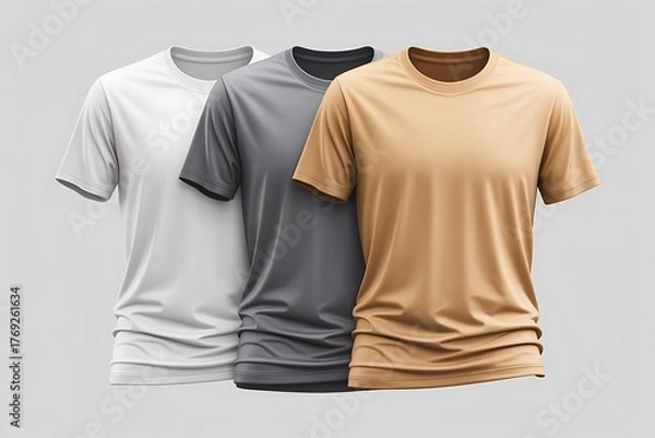 Obraz Row of three floating t-shirt mockups in white, gray, and camel on a light studio background