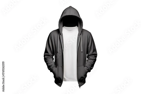Obraz Dark grey zippered hoodie mockup with a white t-shirt underneath, featuring an anonymous hooded figure on a white background.