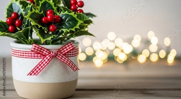 Obraz Potted holly with red berries and a checkered bow sits on a wooden surface against a backdrop of blurred lights