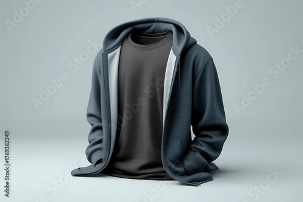 Obraz Casual blue-grey textured zip-up hoodie layered over a dark grey t-shirt, presented in a relaxed folded posture.