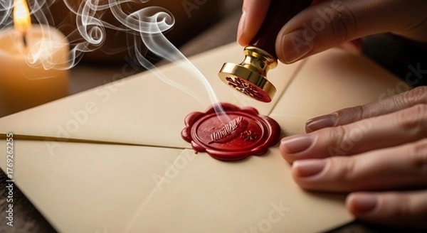 Fototapeta Sealing wax on an envelope with a seal hands and candle