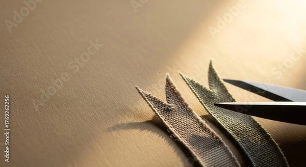 Fototapeta Scissors cut ribbon ends on a golden surface The light shines on the scene