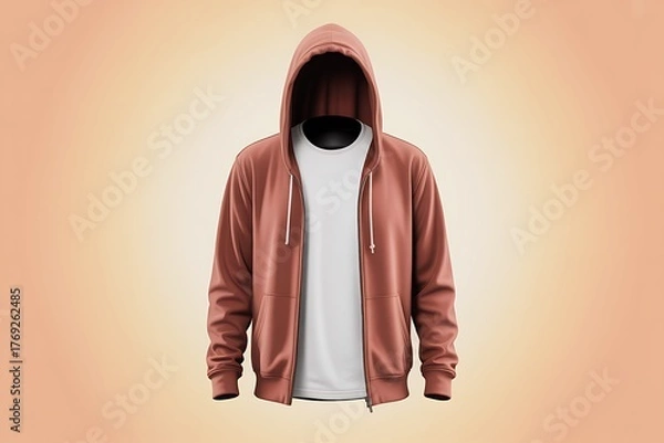 Obraz Floating Rust Terracotta Zip-Up Hoodie with Hood Up Over White T-Shirt Mockup on Warm Background