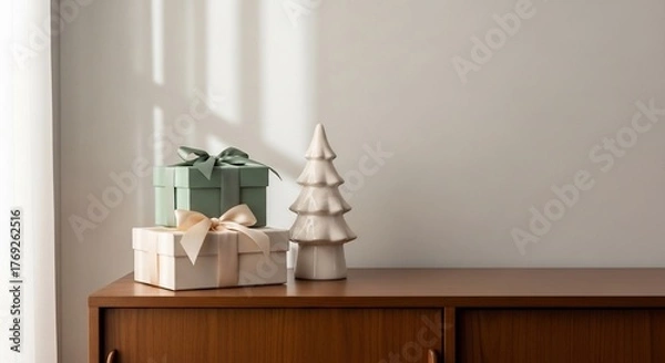 Fototapeta Stacked gift boxes and a ceramic tree adorn a wooden cabinet against a neutral wall with light streaks