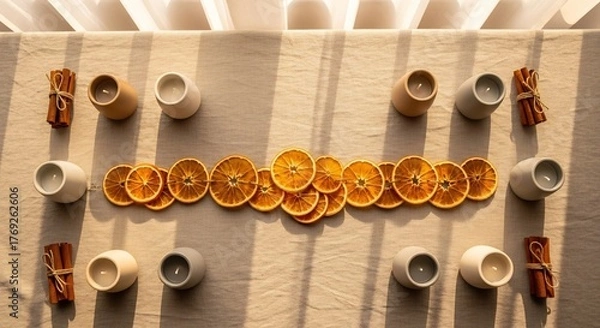 Obraz Still life features dried orange slices candles in neutraltoned holders  cinnamon sticks on a tan textured tablecloth