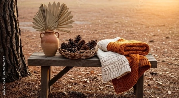 Obraz Still life on a rustic bench vase pinecones  folded knit blanket