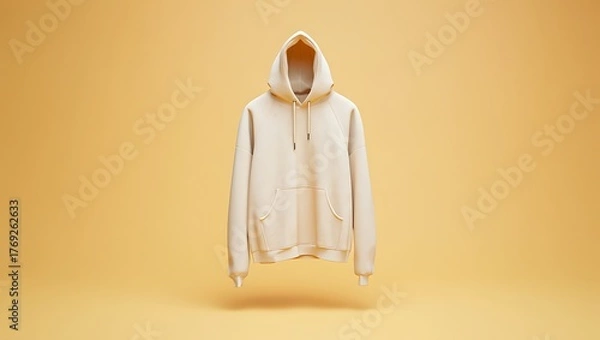 Obraz Floating light beige hooded sweatshirt with drawstring and kangaroo pocket against a soft amber background