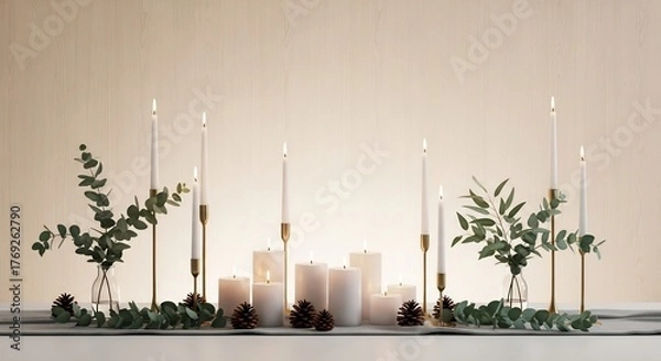 Fototapeta Table centerpiece with lit candles in gold holders pinecones and green eucalyptus branches in glass vases on a white surface