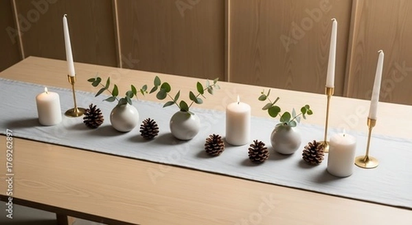 Obraz Table runner with candles pine cones and eucalyptus in white vases on a light wood surface
