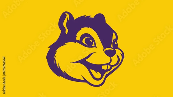 Fototapeta Smiling cartoon squirrel head illustration with big teeth, a cheerful purple rodent character on a vibrant yellow background, cute mascot design.