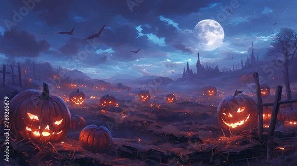 Obraz A moonlit pumpkin patch with fog rolling in, eerie and mysterious atmosphere