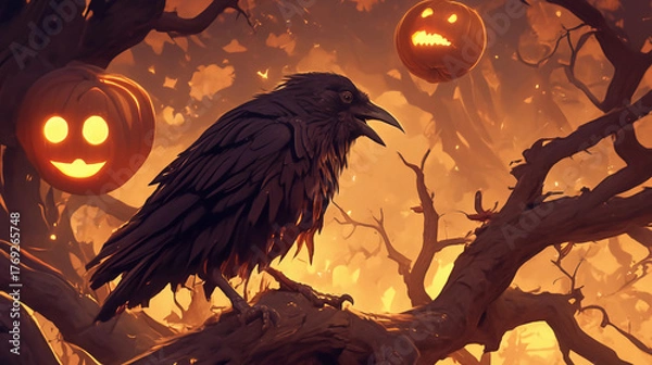 Obraz A mysterious black crow perched on a tree branch with glowing pumpkins in the background