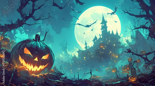 Fototapeta A pumpkin glowing under the full moon, surrounded by eerie shadows and misty fog