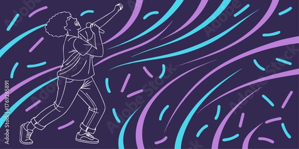 Fototapeta Person Singing with Swirling Ribbons and Confetti Keywords: person, singing, microphone, music