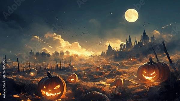 Obraz A pumpkin patch under a full moon, glowing pumpkins surrounded by misty fog