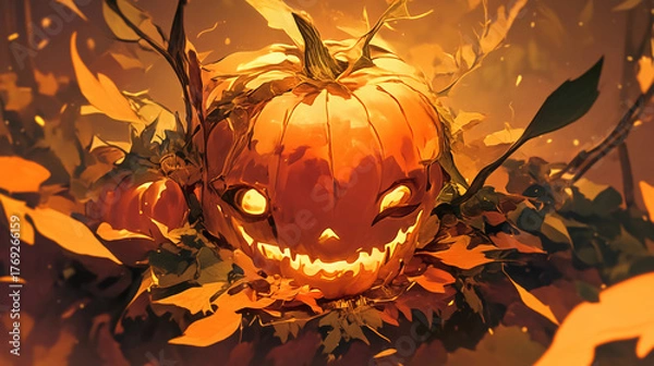 Fototapeta A pumpkin with a mischievous grin, resting on a bed of autumn leaves, glowing softly