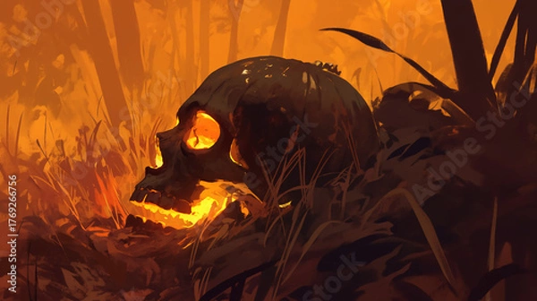 Obraz A spooky skull and pumpkin glowing against a dark background, eerie vibes