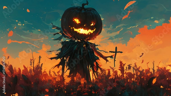 Obraz An eerie silhouette of a skeleton with a glowing pumpkin behind it, ominous and dark