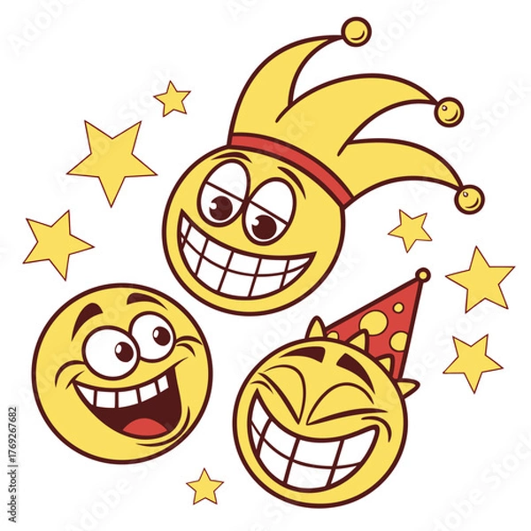 Fototapeta Three cartoon yellow smiley faces with different hats surrounded by yellow stars on a white background