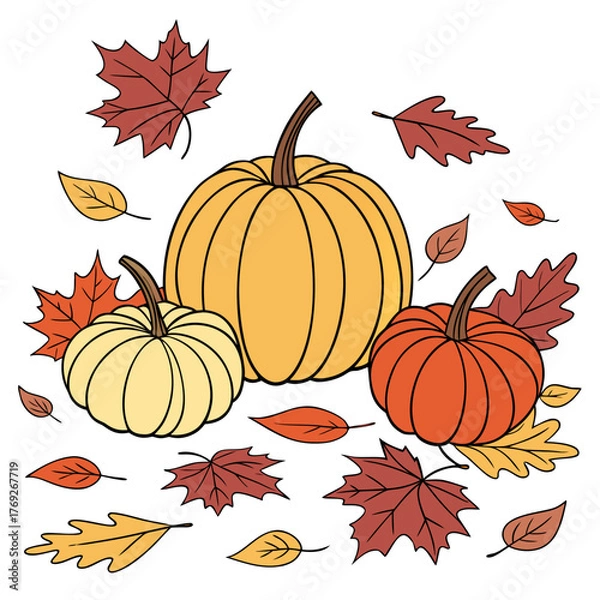 Fototapeta Three pumpkins of different colors surrounded by autumn leaves on a white background illustration