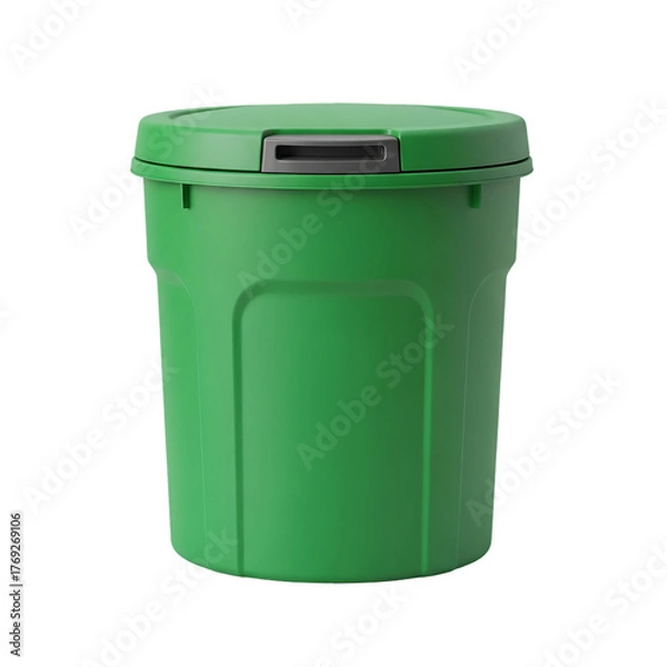 Fototapeta A vibrant, cylindrical, green container with a matching lid, likely for waste disposal. It stands upright on a dark, plain background