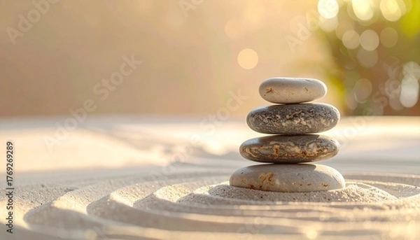Fototapeta Stacked Zen stones in a peaceful Japanese garden, symbolizing balance, tranquility, and harmony under soft golden light
