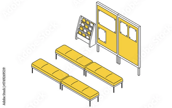 Fototapeta ビラの貼られたパーテーションとチラシスタンドのある待合スペースのシンプルな線画アイソメトリックイラスト