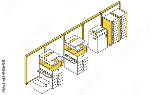 Fototapeta パーテーションで区切られたオフィスのコピー室のシンプルな線画アイソメトリックイラスト