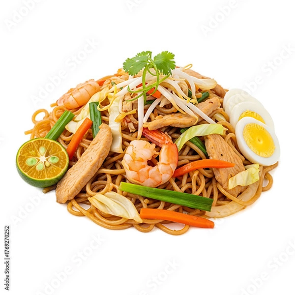 Fototapeta A vibrant, overhead shot reveals a delicious noodle dish. It features noodles, shrimp, chicken, eggs, bean sprouts, carrots, & greens