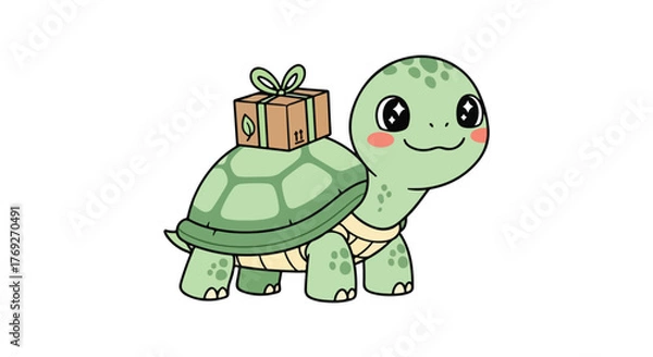 Obraz Cute turtle mascot carrying package on its shell
