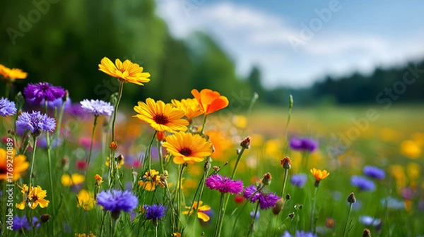Obraz A beautiful, sun-drenched spring summer meadow. Natural colorful panoramic landscape with many wild flowers of daisies against blue sky. A frame with soft selective focus.