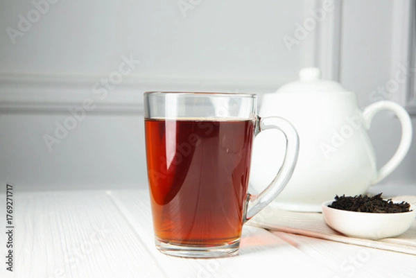 Obraz Delicious tea and brew served on white table