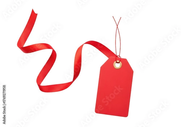 Fototapeta Red gift tag with satin ribbon isolated on transparent background