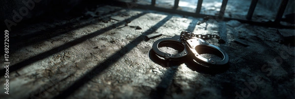Fototapeta Dramatic photo of steel handcuffs abandoned on a prison floor with the shadows of prison bars. A hyper-realistic and symbolic image of justice, confinement and law enforcement. Generative Ai.