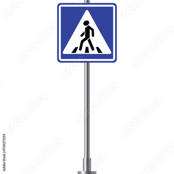 Obraz Blue and white square pedestrian crossing street sign with pictogram of person walking on striped crosswalk mounted on a silver pole against a clean white background