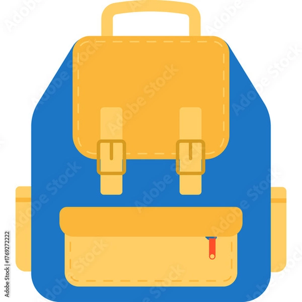Obraz Blue and Yellow Backpack with Buckles and Zipper Pocket and Straps for School or Travel Adventures Illustration