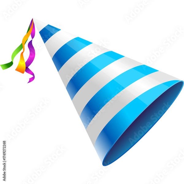 Fototapeta Blue and White Striped Party Hat with Colorful Streamers on Transparent Background Celebration Accessory