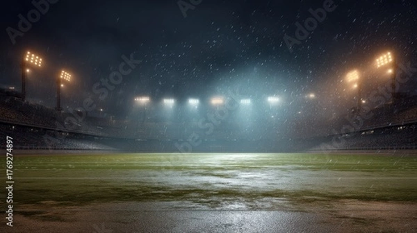Obraz Empty football stadium field at night with heavy rain under bright spotlights. Dramatic sports arena scene for game and event.