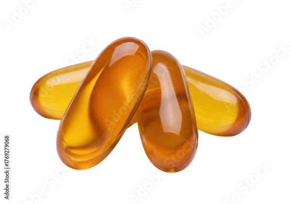 Fototapeta Three amber gel capsules isolated on transparent background