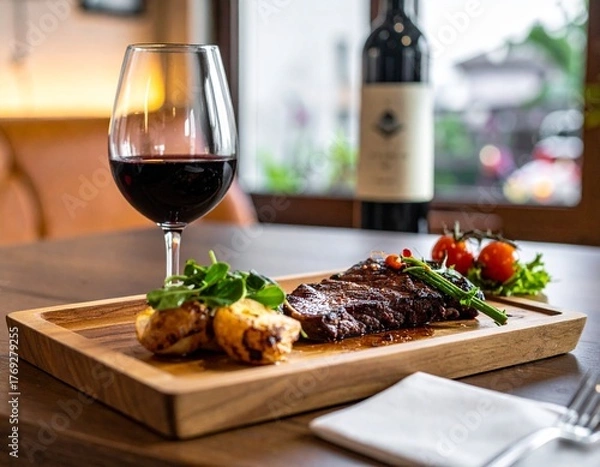 Fototapeta Well-done Wagyu beef steak, served on the wood tray with red wine