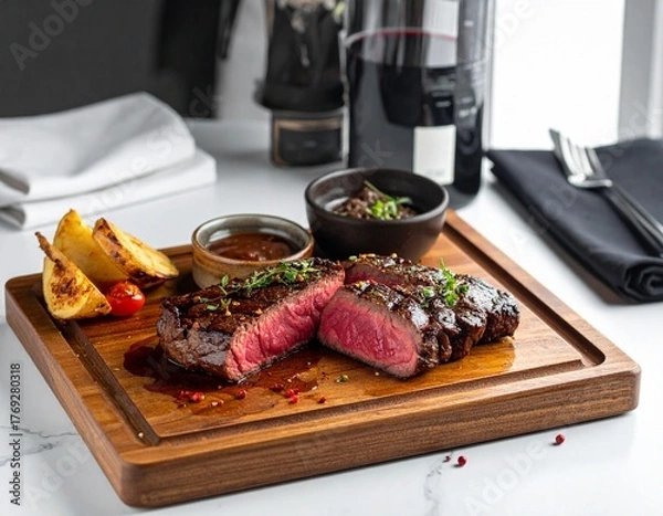Fototapeta Well-done Wagyu beef steak, served on the wood tray with red wine