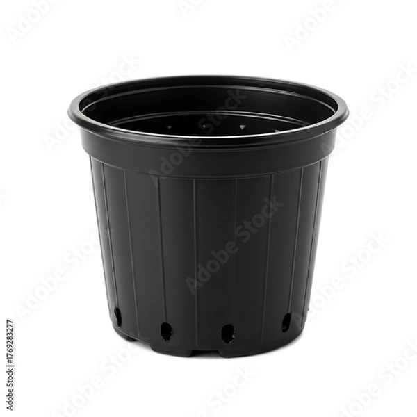Fototapeta An empty, black, cylindrical container with ridged sides and drainage holes. It is presented on a solid black background