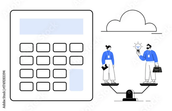 Fototapeta Calculator, business professionals balancing on a scale exchanging ideas with a lightbulb, and a cloud overhead. Ideal for innovation, teamwork, finance, equality, decision-making, collaboration