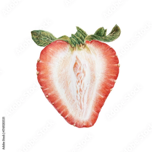Fototapeta Realistic strawberry drawing. A detailed color pencil sketch of a juicy berry. Red strawberry with green leaves. Isolated on white background. Not AI generation.
