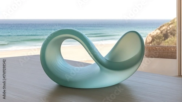 Fototapeta Teal, abstract, infinity-shaped object on a wooden table, ocean view