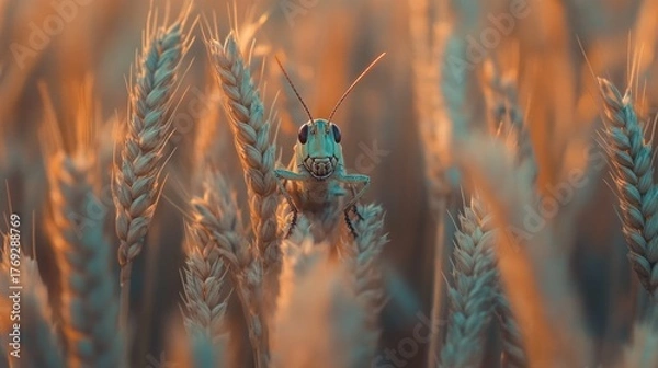 Fototapeta Close-up grasshopper on golden wheat stalks at sunset